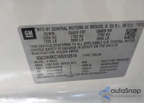 2014 Chevrolet Silverado 1500 1Lz z USA, uszkodzony, nr VIN 3GCUKSEC3EG312519